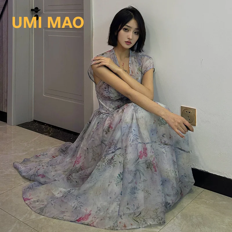 UMI MAO French Long Dress Elegant Yufu Flower Shadow Fairy Summer Waist V-Neck High End Printed Tea Break Slim Dresses Femme