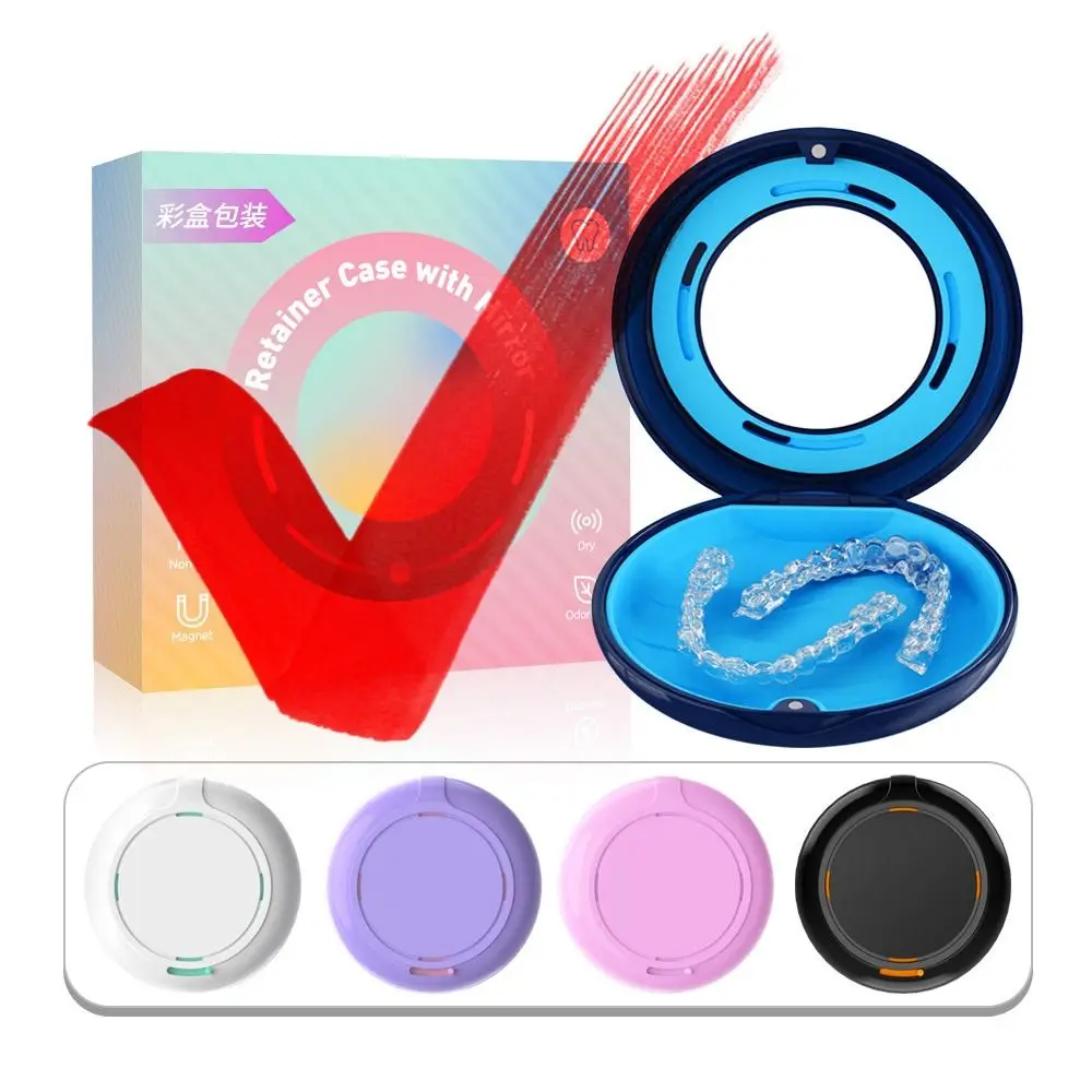 Magnetic Closure Retainer Case With Mirror Cleaning Tooth Portable Ventilated Denture Storage Box Sealed 5 Colors