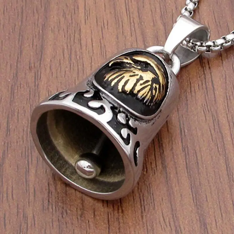 Men's Vintage Motorcycle Rider Pattern Bell Pendant Necklace Fashion Personality Guardians Riding Bell Accessory Gift