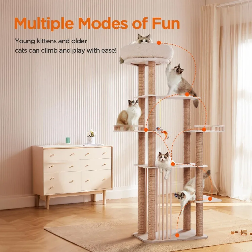 Large Cat Tree Tower, 68Inches High Solid Wood Indoor Cat House, Multi-Level Furniture Activity Centre with Wide Base