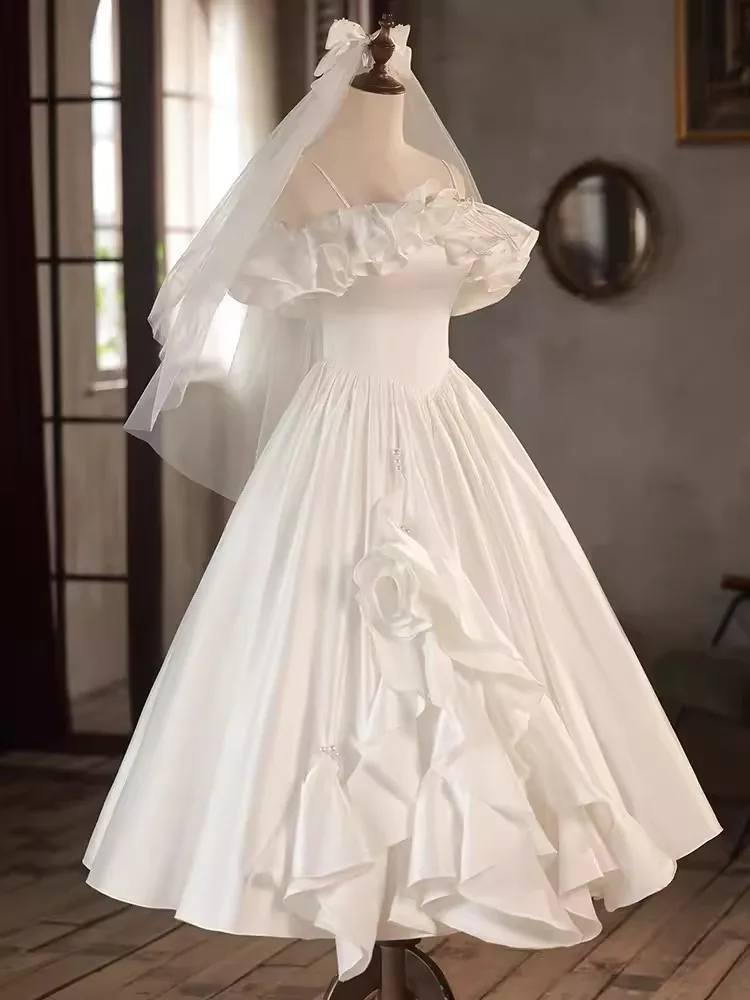 Customized Simple Women Wedding Party Dresses Ruffle Neck Puffy Tea Length Bride Bridal Gown Birthday Party Prom Formal Wear