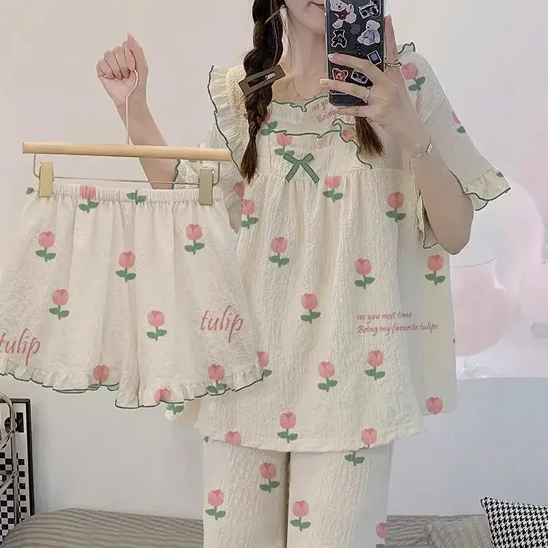 

3pc Sweet Summer Sleepwear Women Short Sleeve Tops Shorts Pants Pajamas Sets Kawaii Big Size Loungewear Nightwear Lingerie