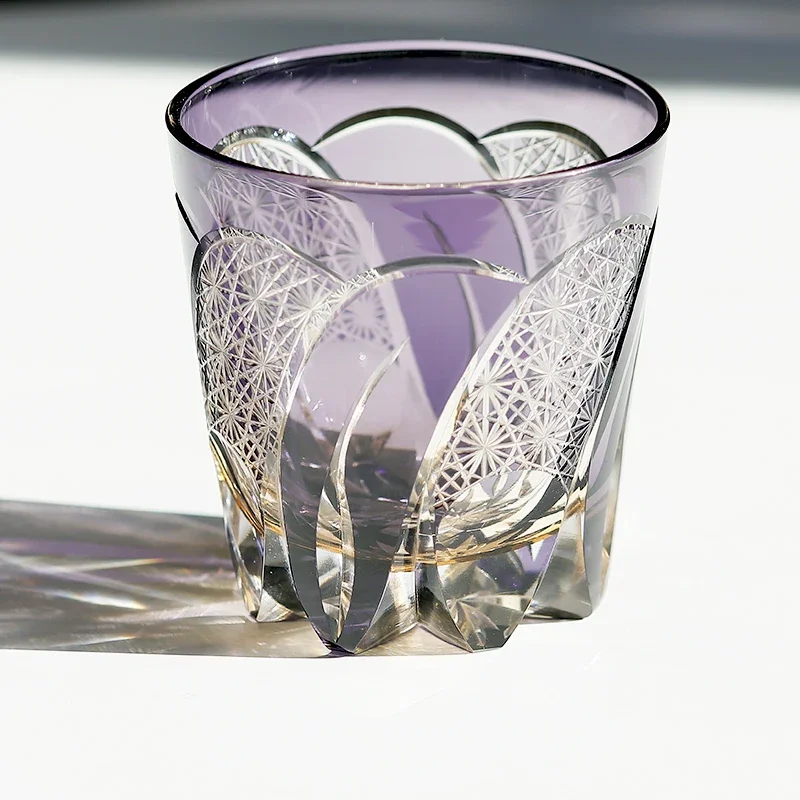 Purple Whiskey Glass 320ml, Hand Carved Design, Luxury Barware Gift Set for Men, Engraved Old Fashioned Tumbler