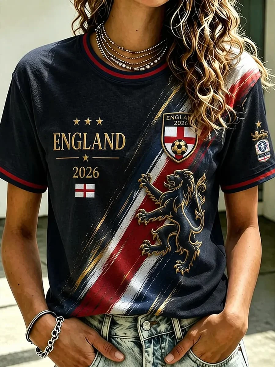 2026 Women Red V Neck England 2026 Lion Football Print T-Shirt Union Jack Flag Short Sleeve Soccer Fan Casual Sports Tops