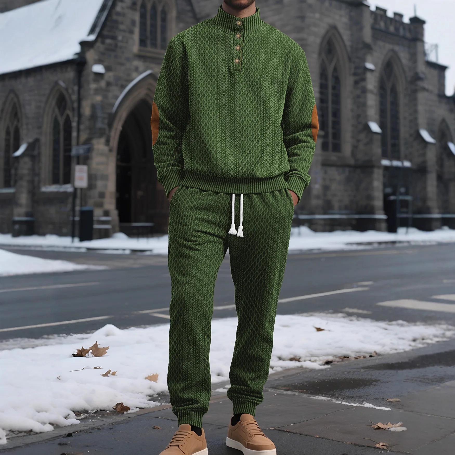 New European Size Stand-up Collar Long-sleeved Trousers Casual Sports Outdoor Sweater Pants Jacquard Sweater Set