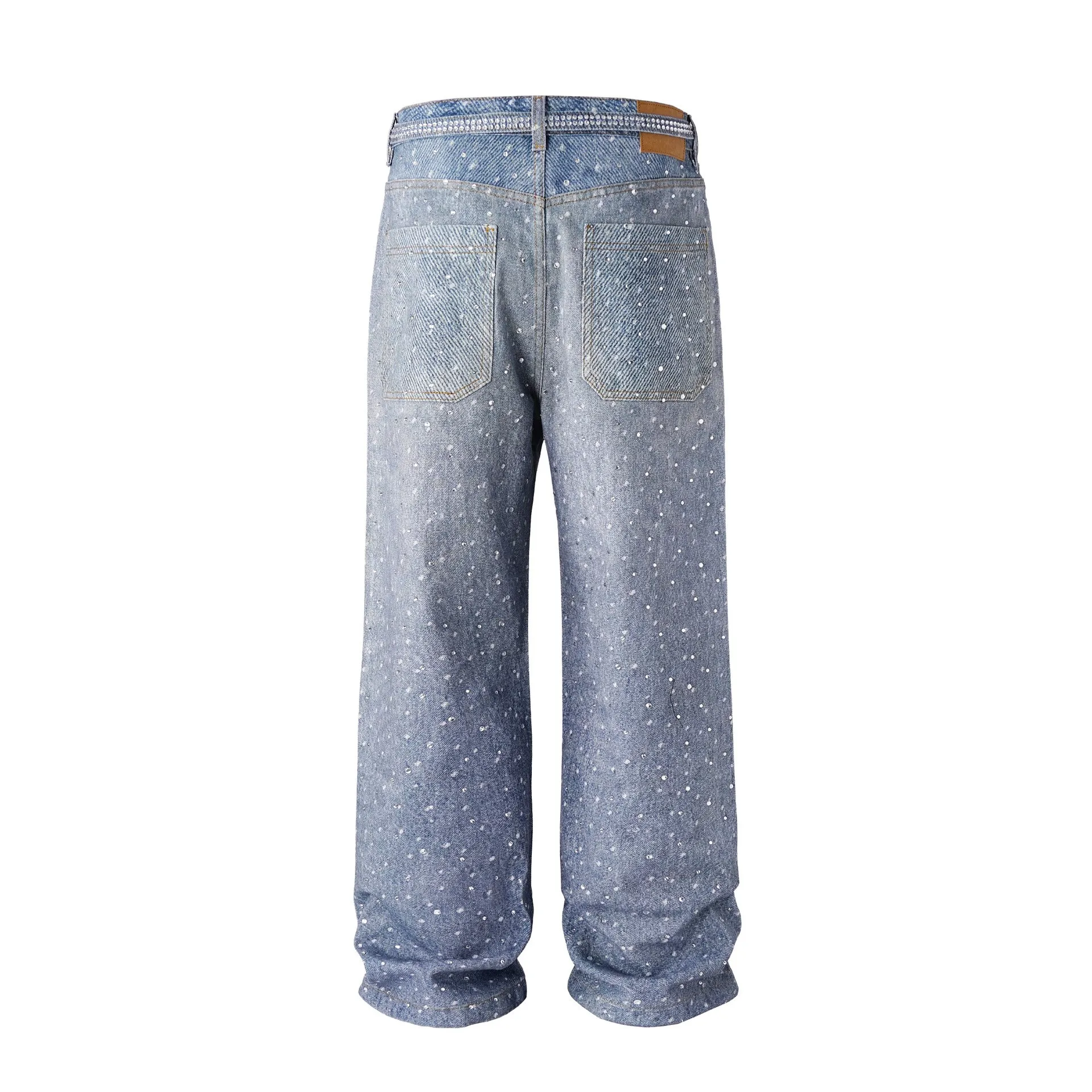 Washed Wide Leg Jeans Loose Fit Printed Denim Belt with Rhinestones mid Waist Cotton Casual Straight Cut Non-Stretch