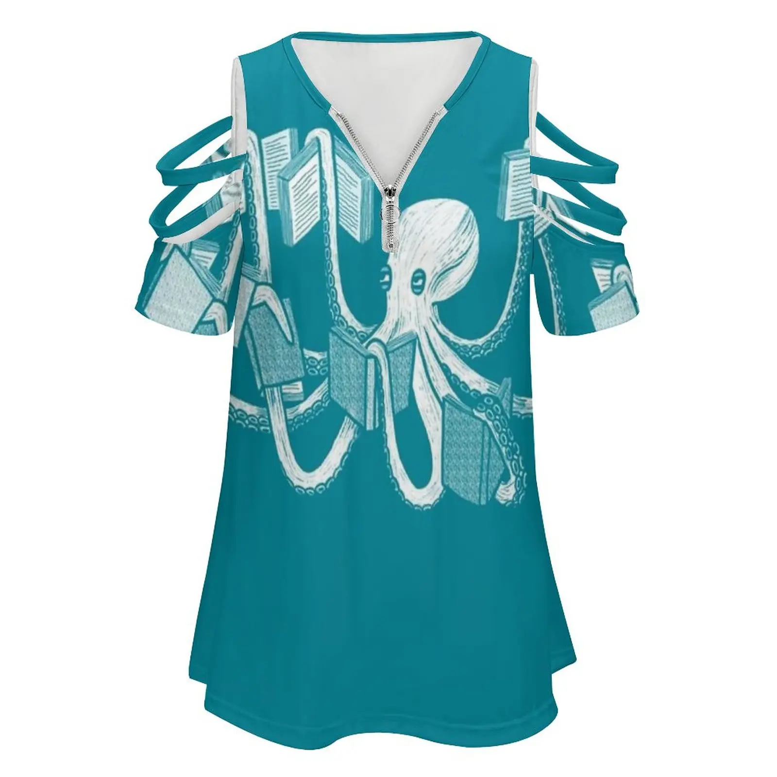 Armed With Knowledge Women'S T-Shirt Summer Fashion Print Floral V-Neck Zipper Tshirt Hollow Pullover Ladies Top Octopus Squid