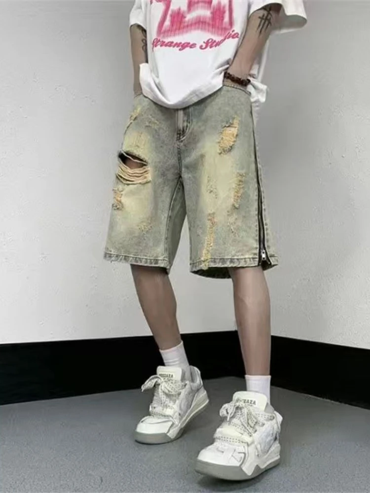 

Mens Vintage American Style Mud Yellow Distressed Denim Shorts Featuring Side Zipper Mid Length For Casual Summer Fashion