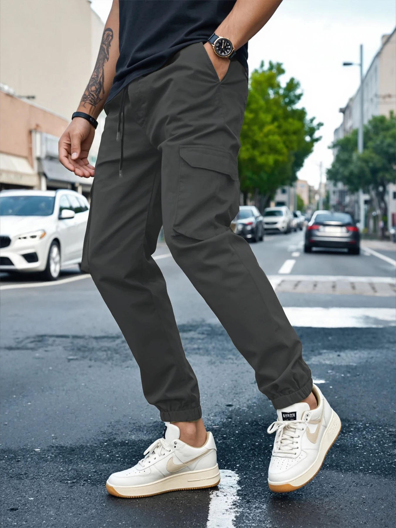 Men's Slim Fit Elastic Waist Cargo Pants Multi-Pockets Cuffed Hem Comfortable for Casual Outdoor Wear