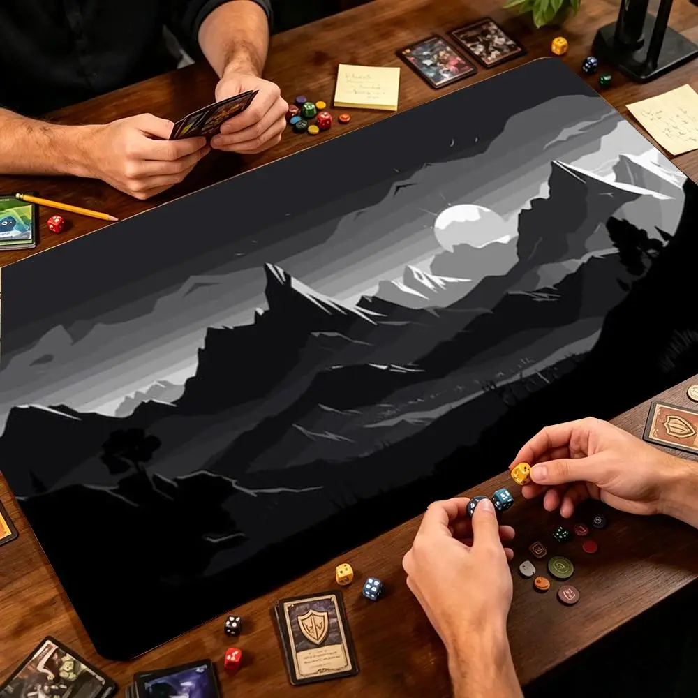 Monochrome Mountain Moon Night TCG Playmat Large Desk Mat Mouse Pad Mousepad Non‑Slip Table Mat For Card Game Desktop Tabletop