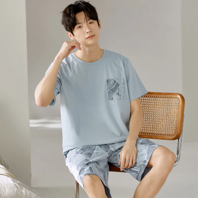 Korean Fashion Cotton Men's Pajamas Set Summer Short Sleeves Pant Home Clothes Young Boy Male Pjs Pyjamas Homme Blue Color
