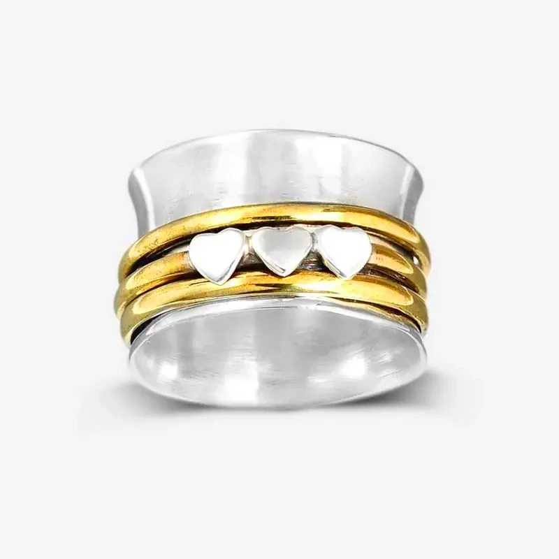 Huitan Hip Hop Wide Rings for Women Two Tone Metal Finger Accessories 3 Hearts Exquisite Female Rings Daily Wear Party Jewelry