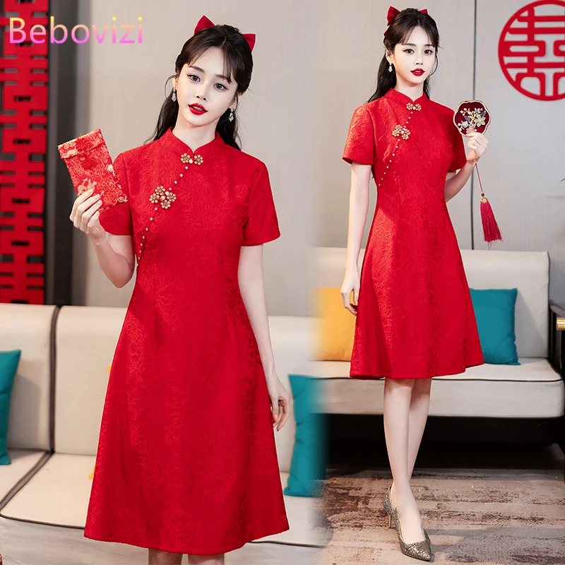 Red Young Modern Improved Cheongsam Chinese Traditional Short Sleeve Dress Qipao for Women New Year CNY