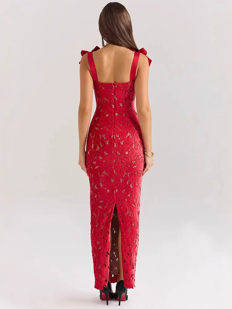 GACVGA Bows Lace Sexy Maxi Dress For Women Fashion Sleeveless Backless Bodycon New Year\'s Birthday Club Party Long Dress