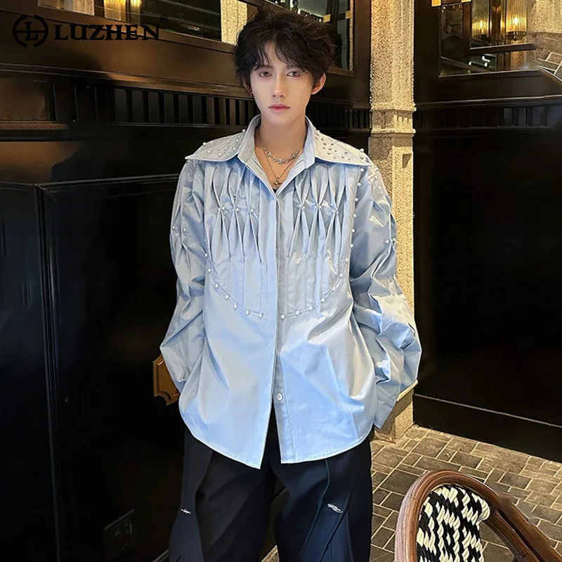 

Мужская рубашка LUZHEN Design, роскошная, элегантная, плиссированная, с жемчужным декором, новая, с длинным рукавом, модная, повседневная, стильная, JY6034