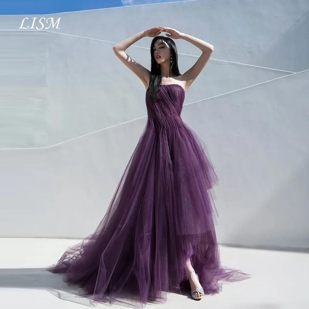 

LISM Strapless A-Line Korea Evening Dresses Silk Tulle Elegant Long Prom Dresses Photo Shoot 저녁 드레스 Customize Corsets Back
