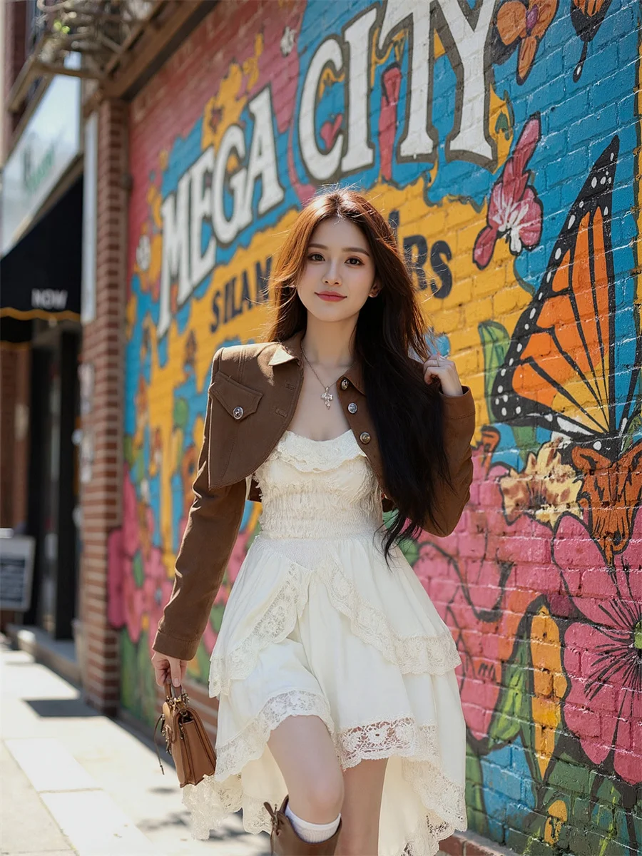 Abito da donna per ragazze stile coreano chic bordo a balze cocktail party matrimonio velluto Boho autunno manica corta in chiffon floreale