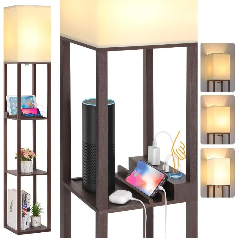 

Touch Control Shelf LED Floor Lamp with Shelves, Charging USB, Type C Port and Power Outlet, Dimmable Standing Lamp