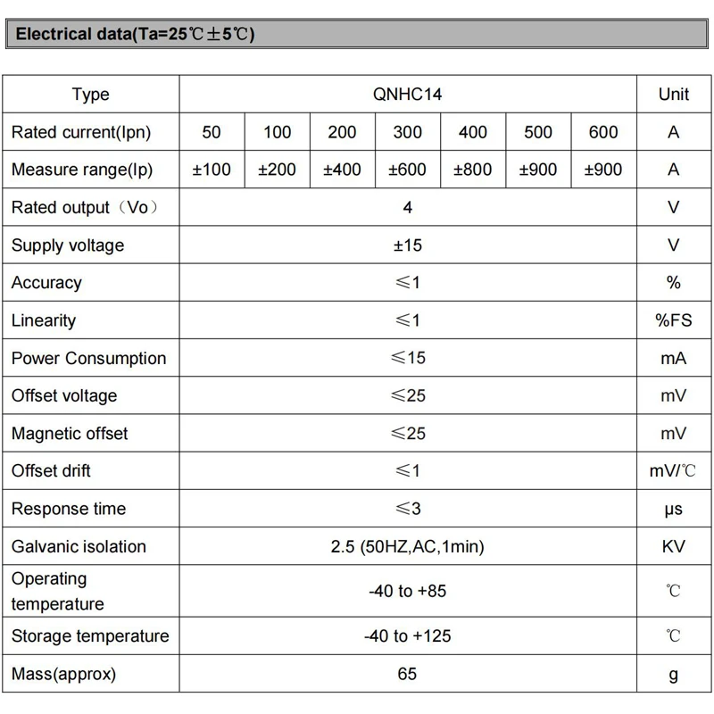 hall current sensor QNHC14 ±50A ±100A ±200A ±300A ±400A ±500A 600A / ±4V 2.5±2V Inverter welding machine hall current transducer