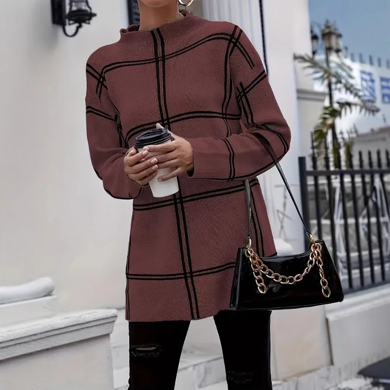 2025 Autumn/Winter New Style Casual Versatile Round Neck Pullover Knitted Sweater with Plaid Color Blocking for Women