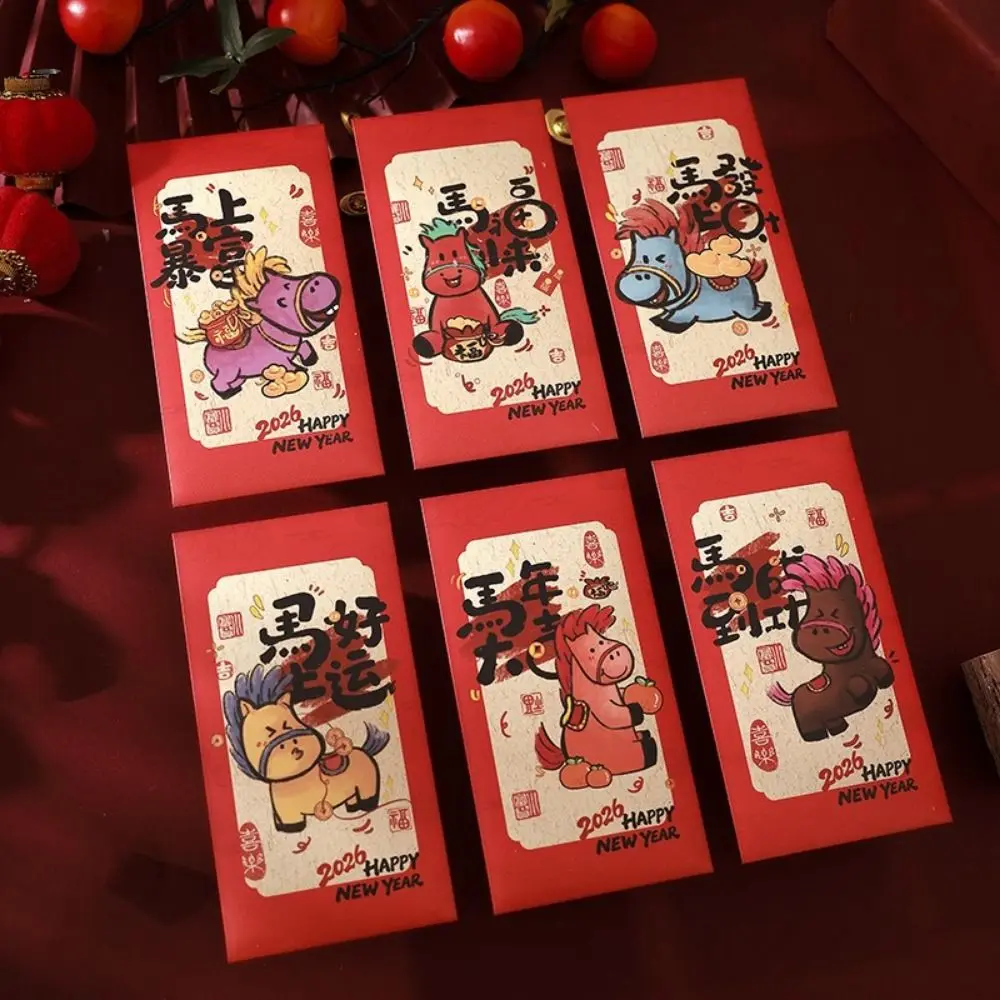 

6Pcs Paper 2026 Horse Year Red Envelope Cartoon Lucky Chinese New Year Envelope Bless Words Traditional Red Pocket