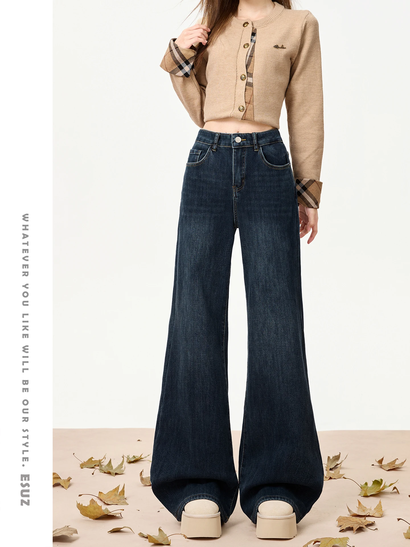 

Offcat Deep Blue High Waist Flared Jeans Women's Thickened Fleece Winter New Style Casual Loose Fit Non-Stretch Cotton Blend