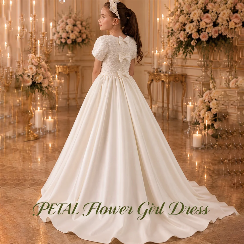 Petal Off White with Pearls First Communion Gown Bow Girls Princess Dress Round Neck Evening Party Dress for Girls Customized