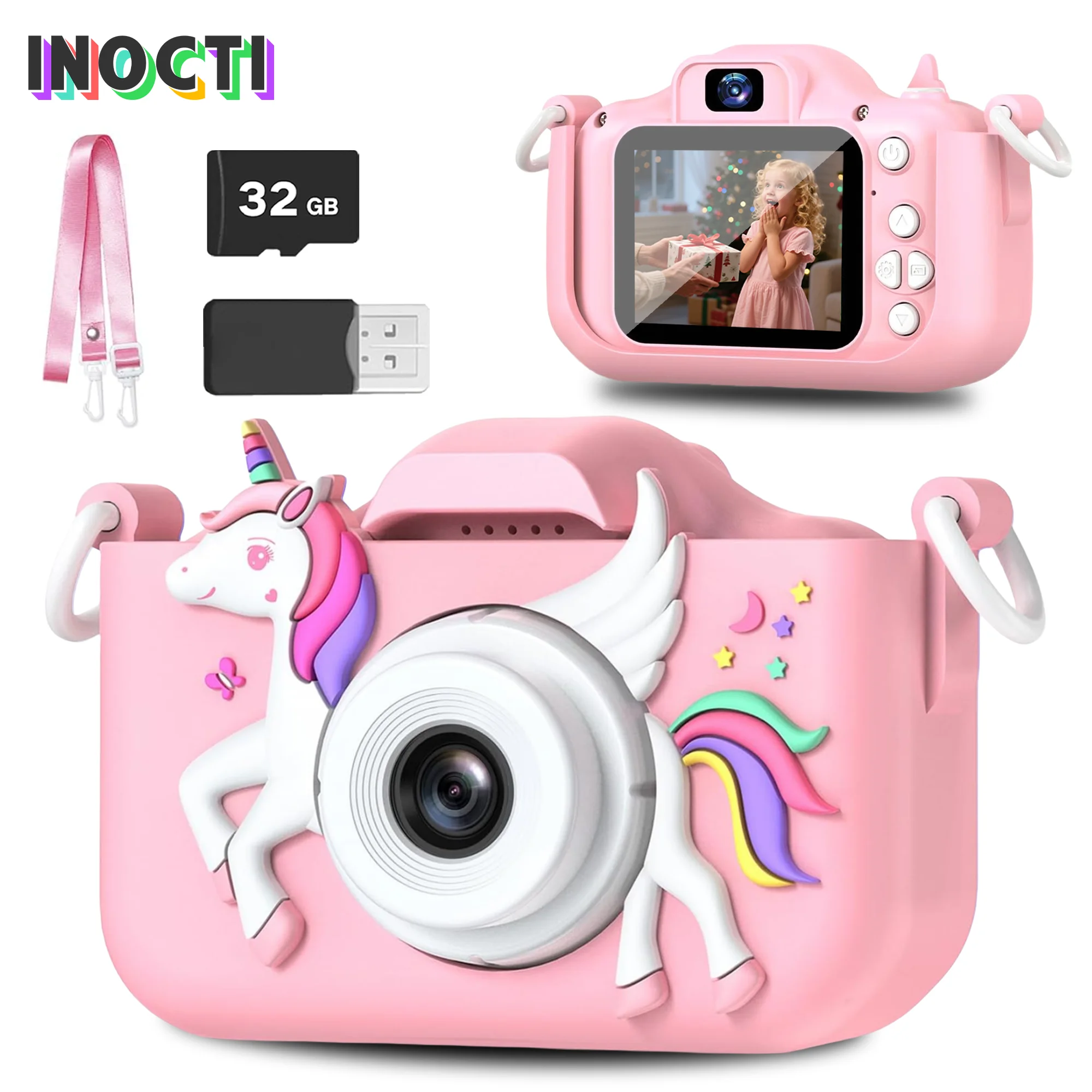 

INOCTI Kids Digital Camera, Toddler Camera,Rechargeable Cartoon Camera Toy,1080P HD Mini Selfie Camera Gift For Boys Girls