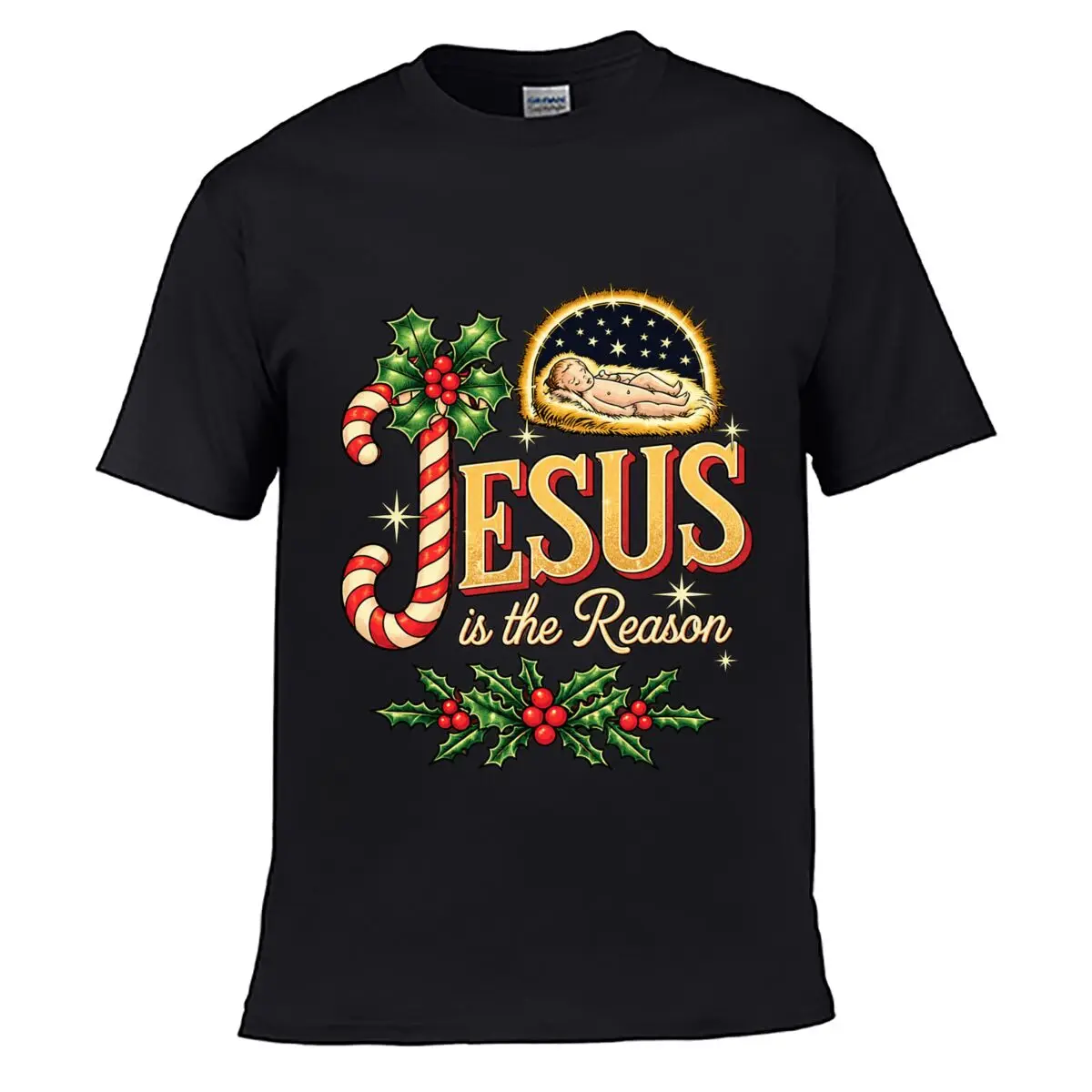Jesus Is The Reason Christmas Nativity Holly Candy Cane Design Summer T-shirt Loose Top