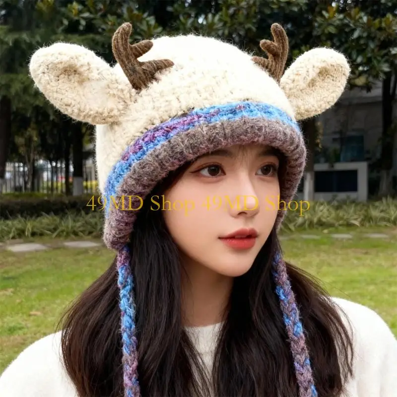49MD Soft Knit Hat With Reindeer Antlers Cold Weather Accessory Multiple Sizes