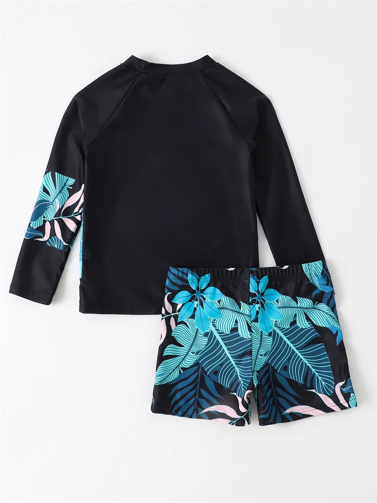 Boy Swimsuit 2024 New Leaves Print Long Sleeve Children Swimwear Summer Two Piece Kids Beach Wear Swimming Bathing Suit Boys Men