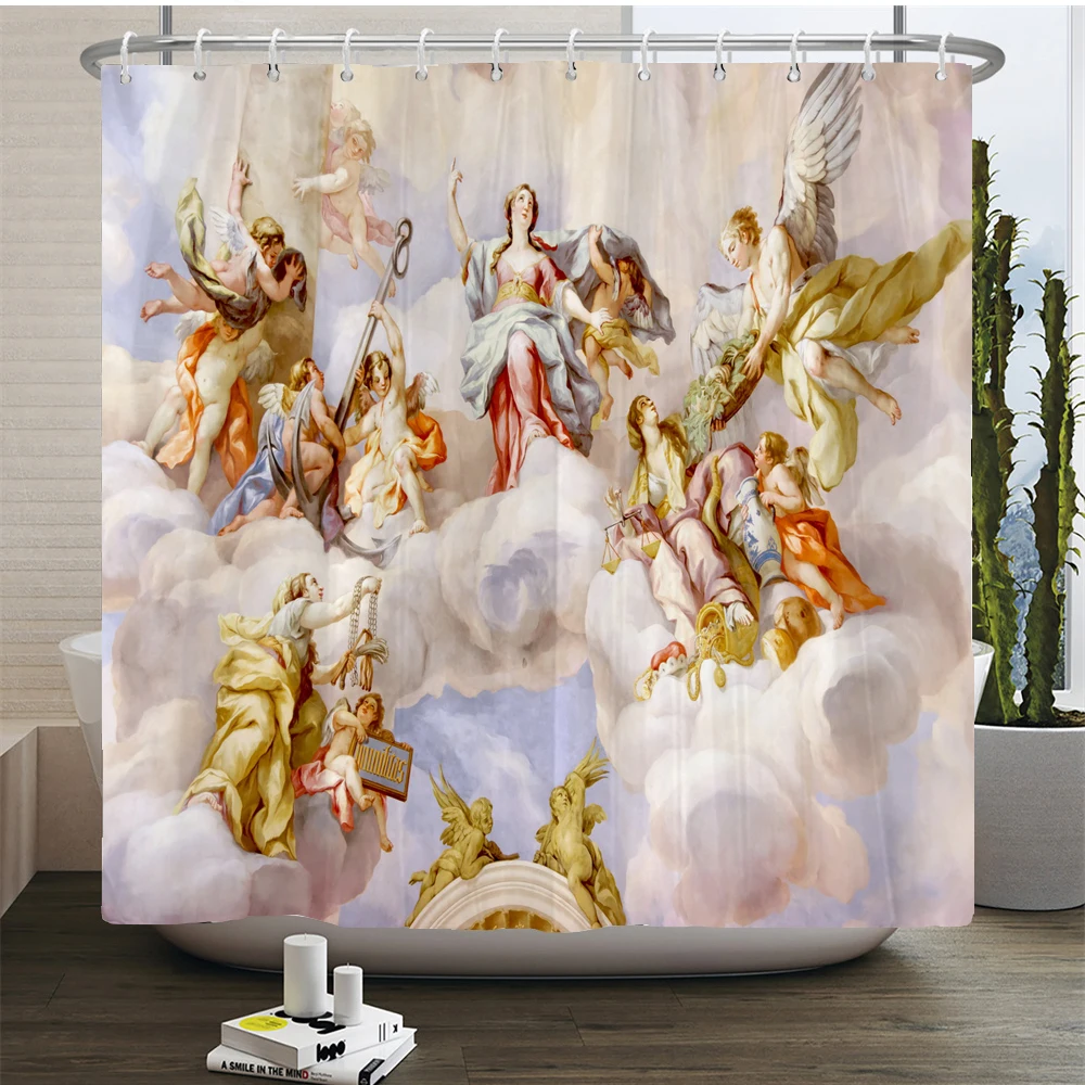 Painting Christianity Angel Shower Curtain Set Polyester Fabric European Mural Bathroom Curtain with Bath Mat Rug Bathroom Decor