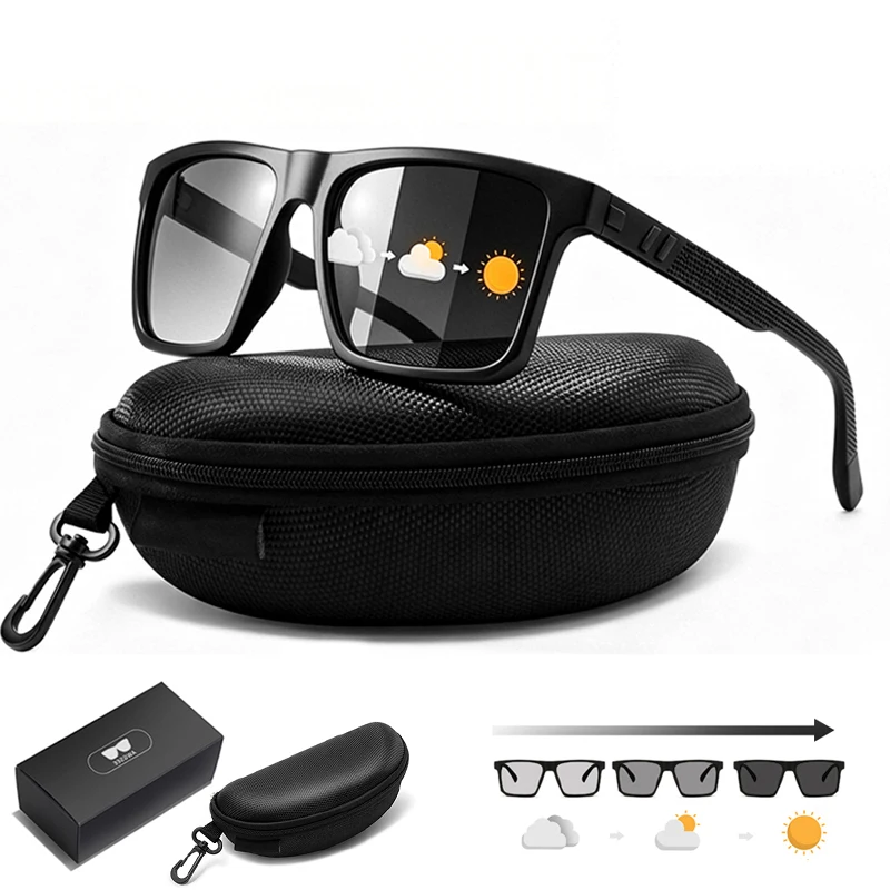 Polarized Sunglasses Photochromic Driving Glasses Men Women Square Black Frame Glasses Outdoor Cycling Running UV400 With Box