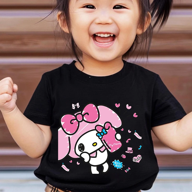 

My Melody Printed Kids T-shirt Summer Children's Cotton Short Sleeve Suitable for Boys and Girls Black Casual Tops