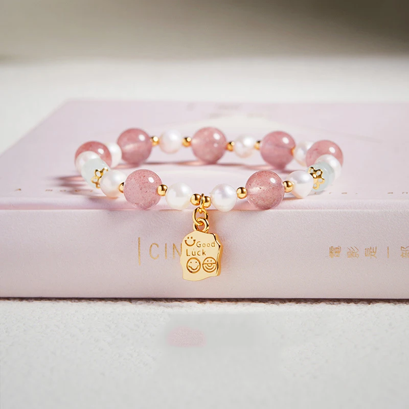 Natural Strawberry Pink Crystal Bracelet Women Suitable for Love Marriage White Blossom Pearl Gift High-end Temperament Jewelry