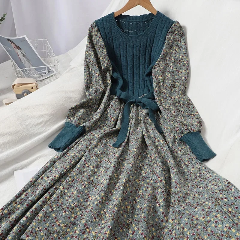 Korean Women Round Neck Knitting Long Dresses Autumn Ladies Splicing Together Dress Female Broken Flowers Corduroy Maxi Dress