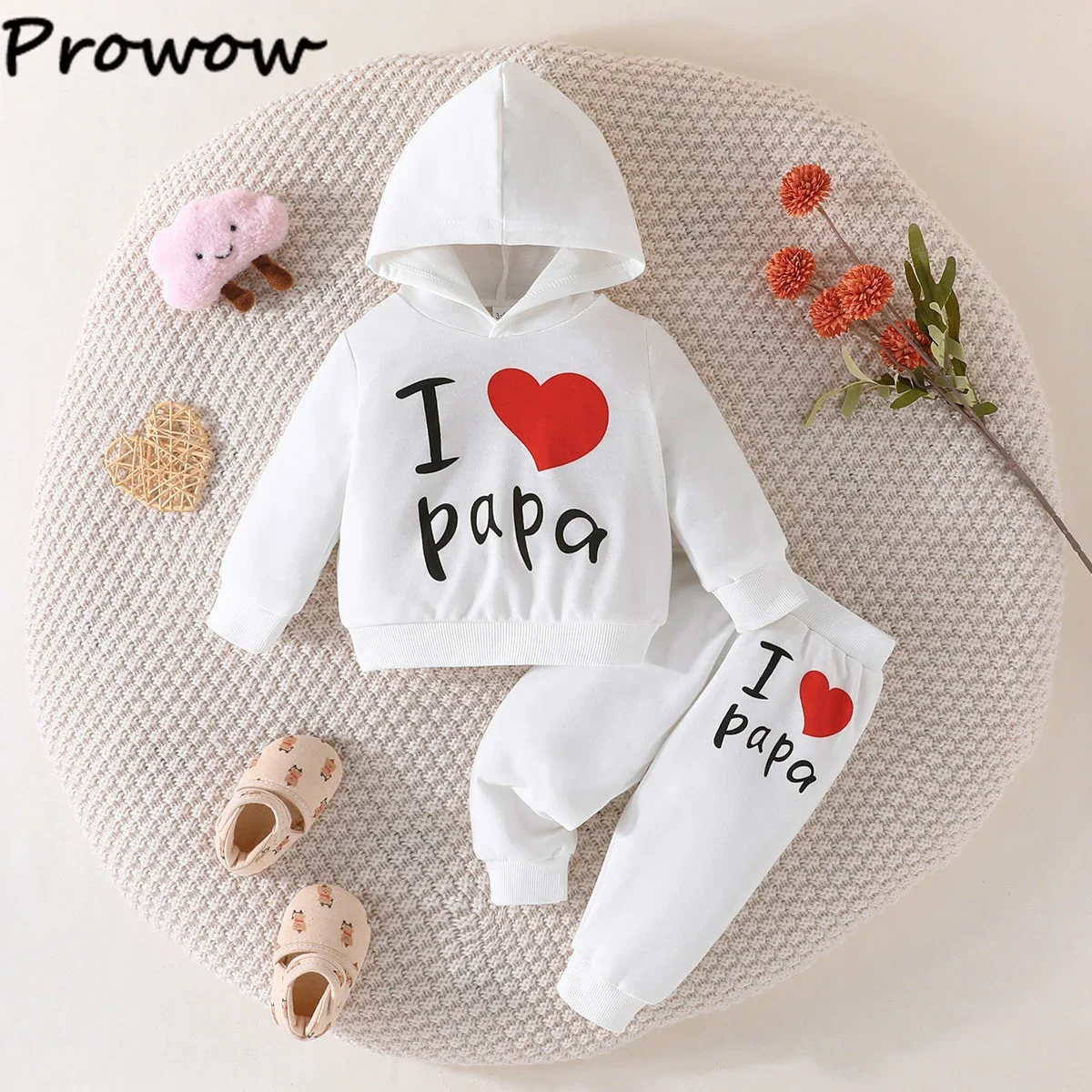 Prowow Baby Boys Girls Clothes 2024 Fall Winter Letter “I Love Papa ”Heart Hoodies and Pants Newborns Toddler Outfits Sets