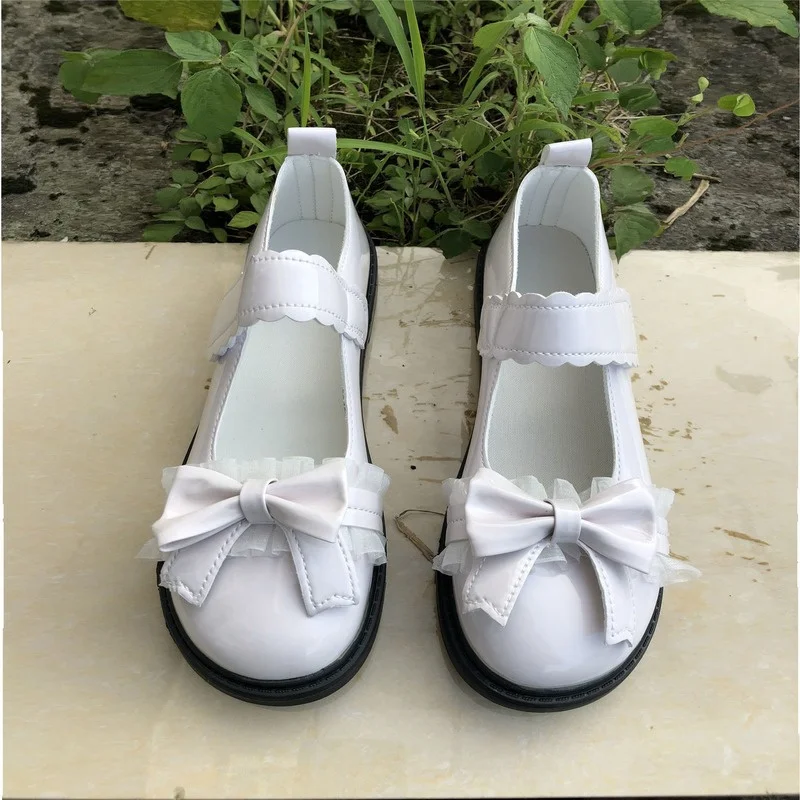 Women Lolita Shoes Kawaii Japanese Style Lace Patchwork Bow Hook Loop Mary Janes Girls Students shoes Solid Footwear