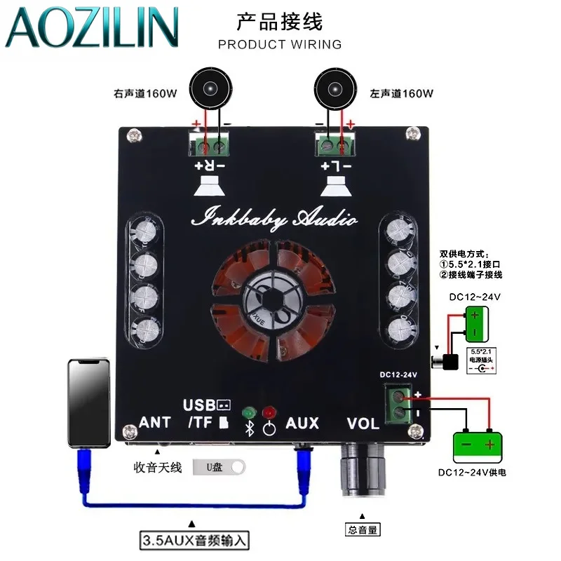 AOZILIN For TDA7498E Bluetooth Digital Power Amplifier Board 2 Channel 160W High Power Audio Module Support USB Radio AUX Input