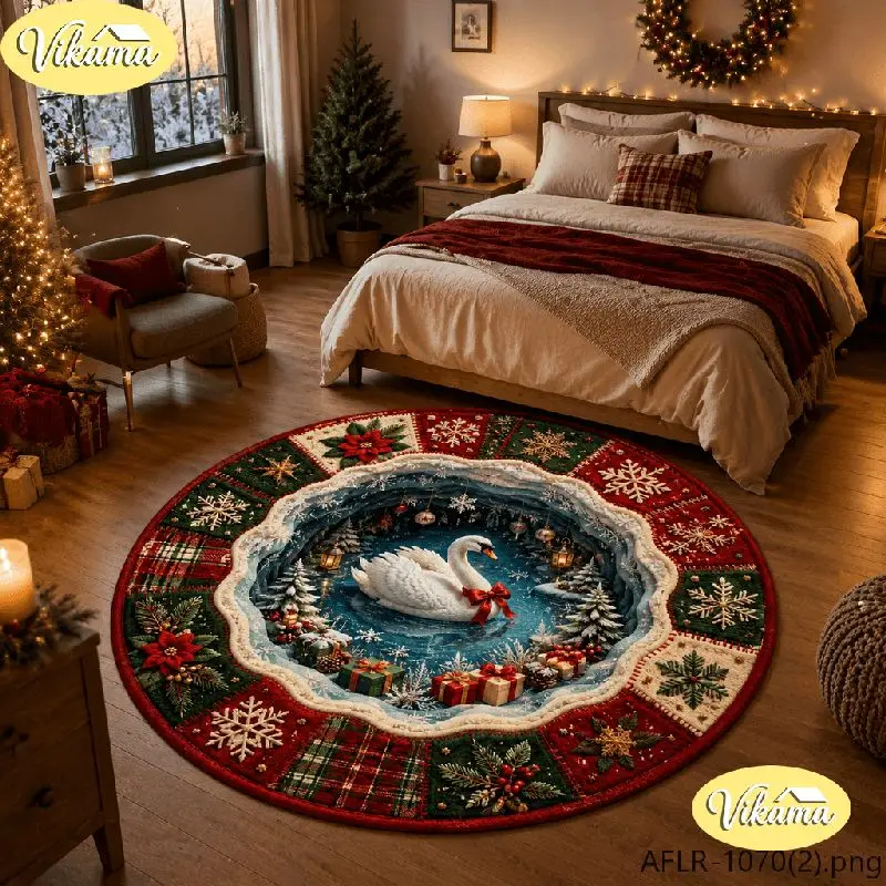 VIKAMA Christmas Round Rug White Swan Red Bow Water Scene Area Rug Living Room Holiday Home Decor Aesthetic Art Large Premium
