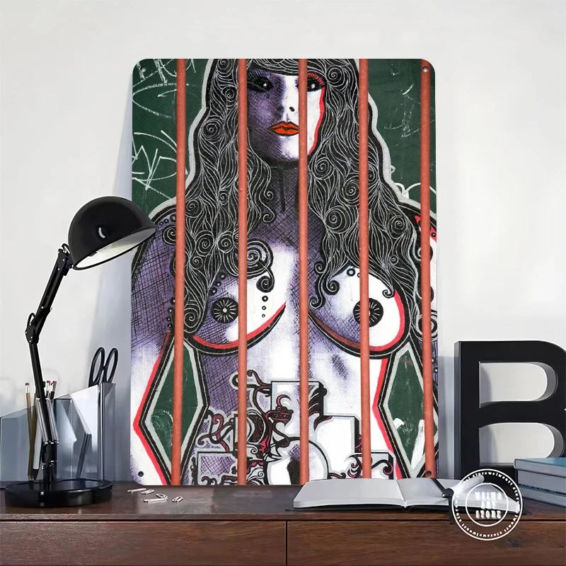 Graffiti Art of a Woman Behind Bars Metal Poster Customized Wall Art Retro Vintage Metal Signs for Man Cave Decoration Home Room
