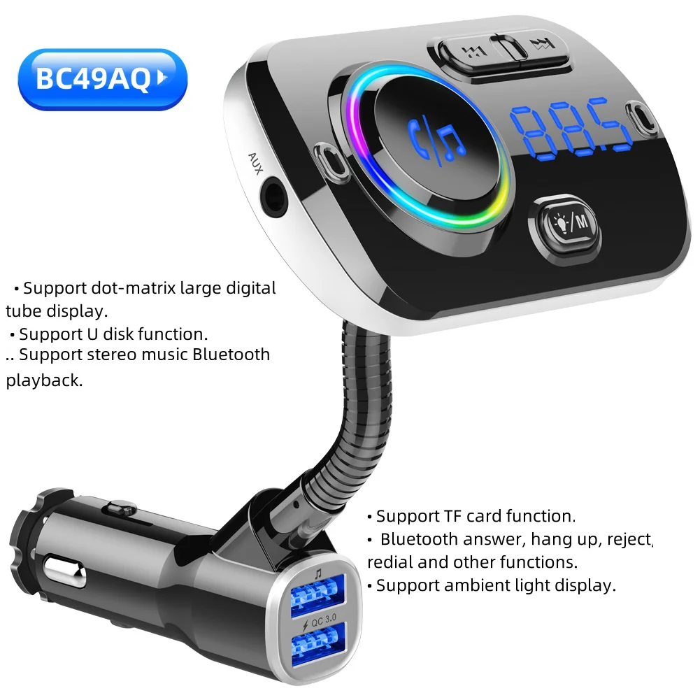 BC49AQ Fast charging car Bluetooth MP3 player car FM transmitter phone hands-free dazzle color ambient light AUX input function