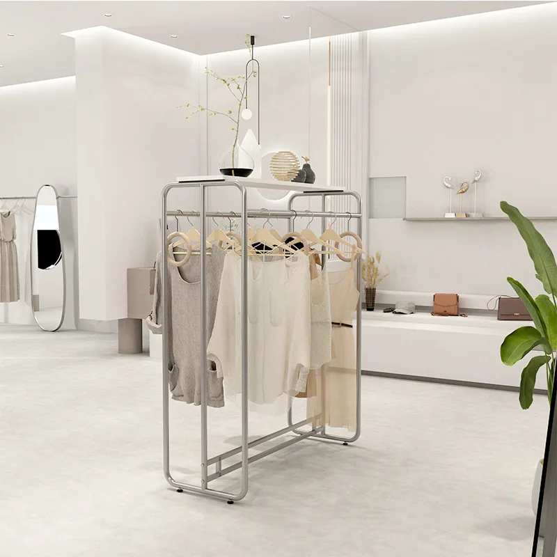 Clothing store display rack, women's clothing store minimalist island floor-standing clothes rack, stainless steel with plate