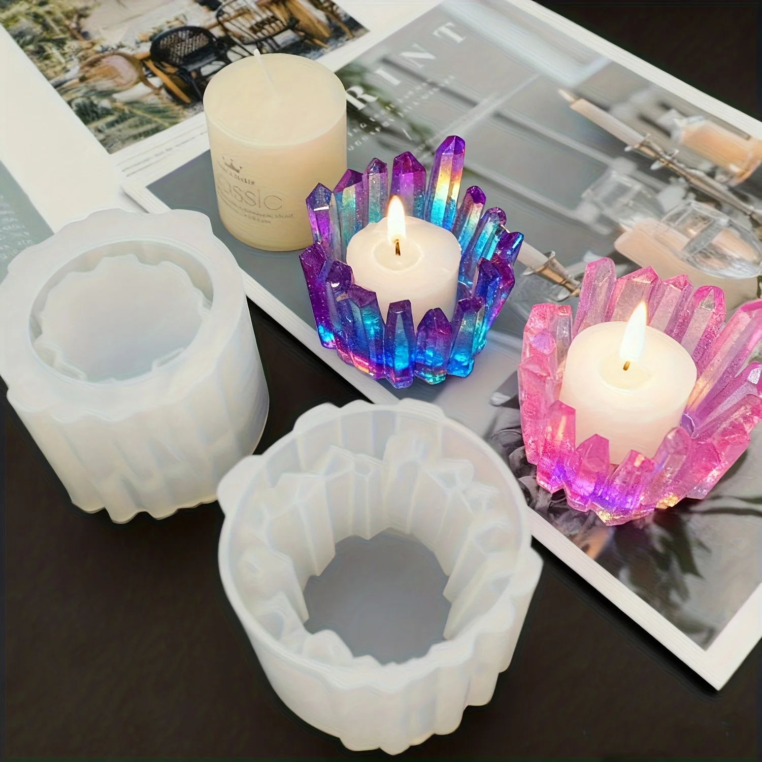 1 crystal cluster tea lamp candle resin mold, DIY crystal candle stand, jewelry storage box, flower pot, candle container