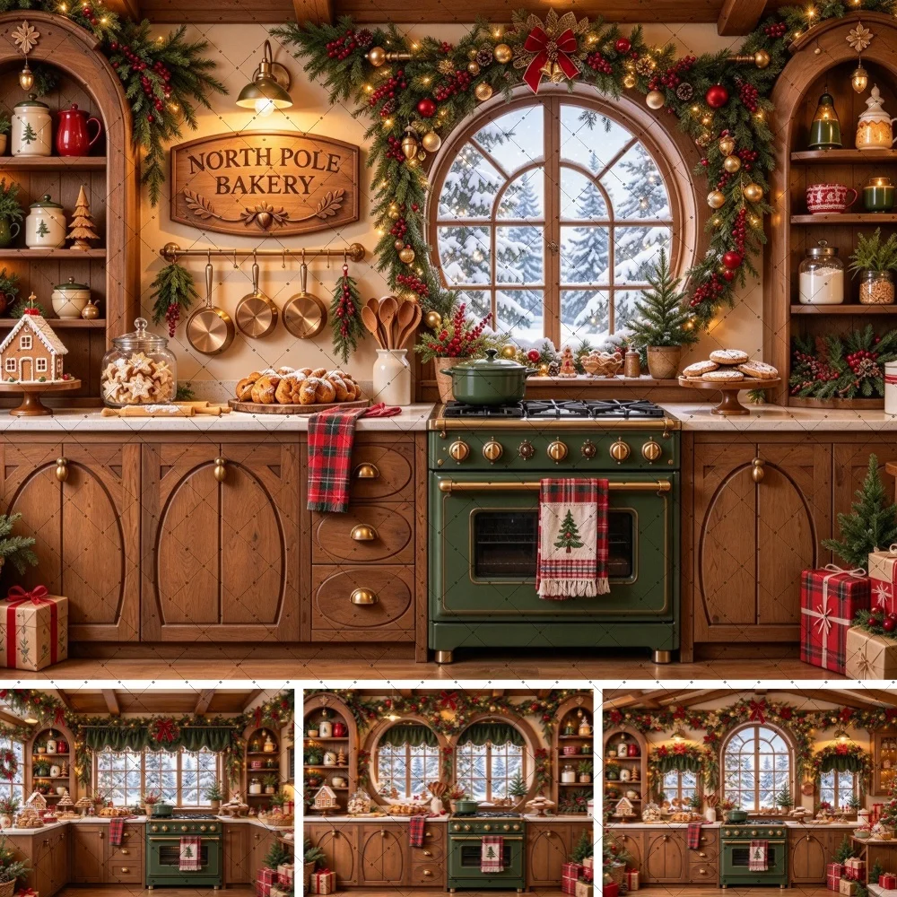 Christmas Photo Backdrop North Pole Bakery Kitchen Wreath Cookie Snow Window Scene Family Holiday Studio Photography Shoot