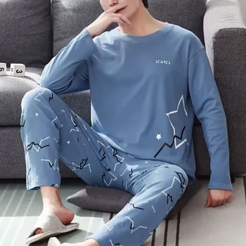 Men Pajamas Set Plus Size Cloud Cotton Pajamas Spring Long Sleeve Long Pants Teen Blue Loungewear Two Piece Set Sleepwear