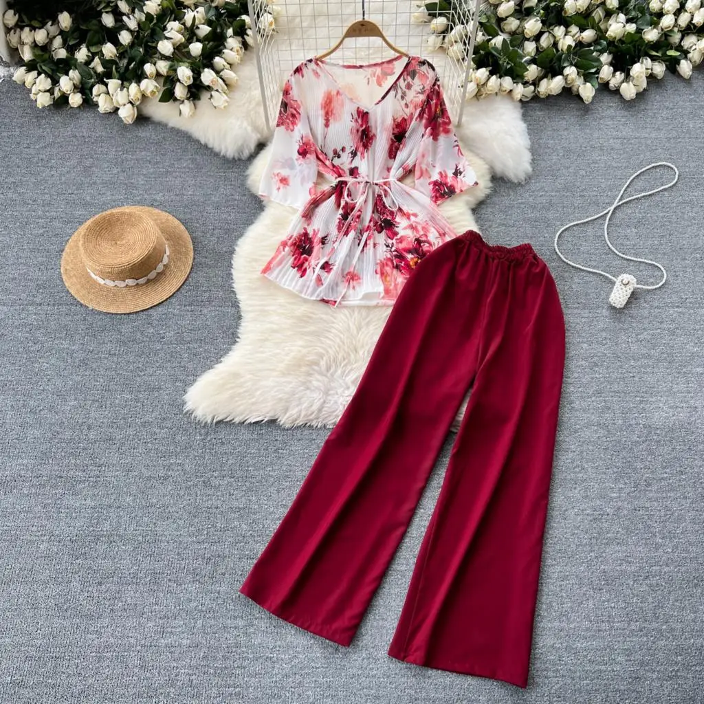 Elegant and Chic Women Floral Summer Pantsuit Chiffon Lace Shirts Top Wide-Leg Pants Two Pieces Set Female Clothes New Outfits