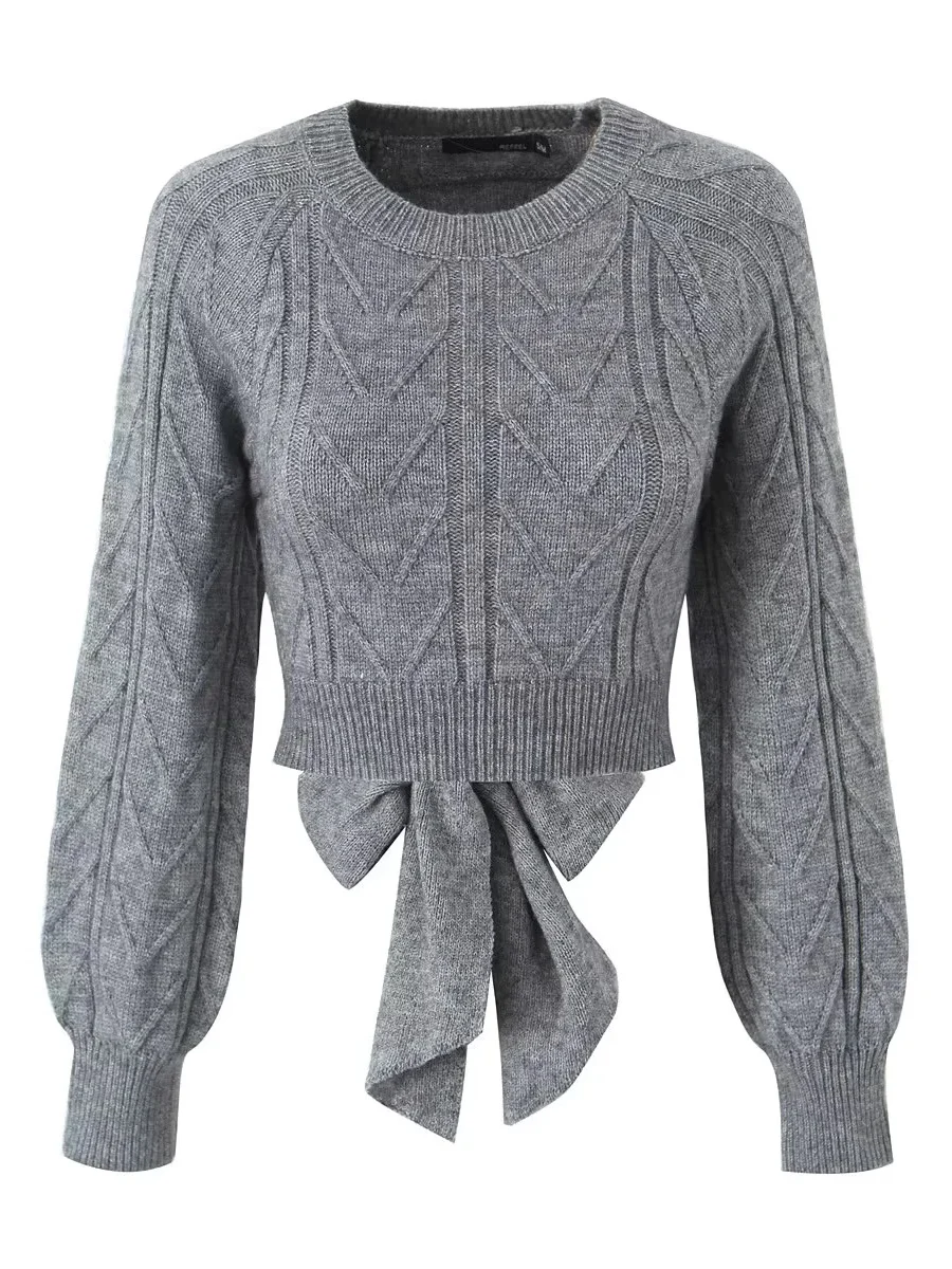 Amerykański sweter z dzianiny z kokardą, okrągłym dekoltem i efektem skręcenia, damski, wysoki stan, wyszczuplający, uniwersalny top.