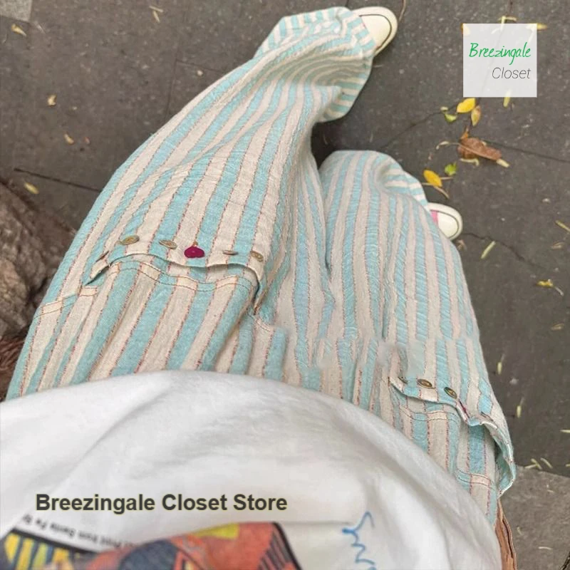 

Dopamine thin cotton and linen striped pants women's summer new casual loose straight tall waist casual drape wide-leg pants.