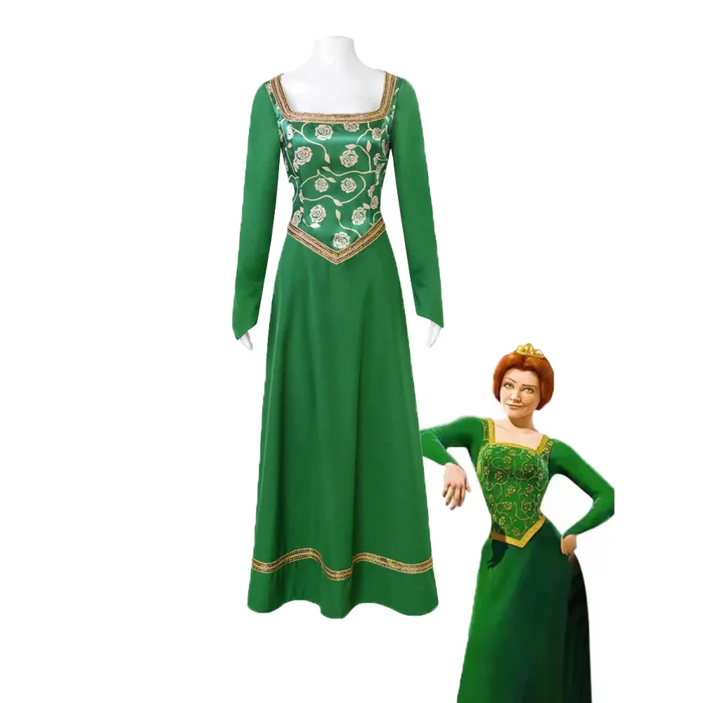 Movie Monster Princess Fiona Cosplay Female Costume Retro Green Square Collar Long Dress Halloween Carnival Costumes for Women